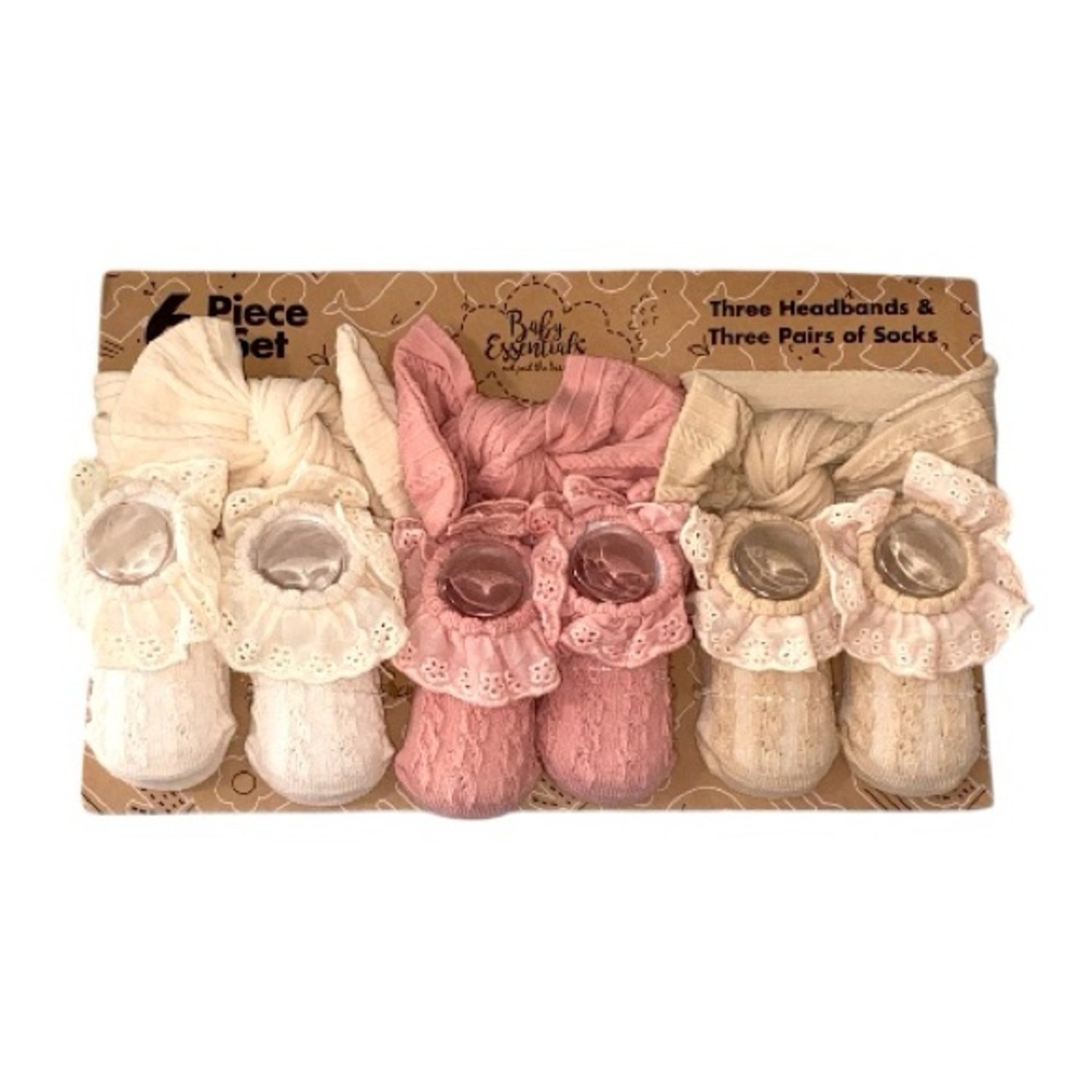 Baby Essentials 6 pc Neutral Headbands and Socks Set